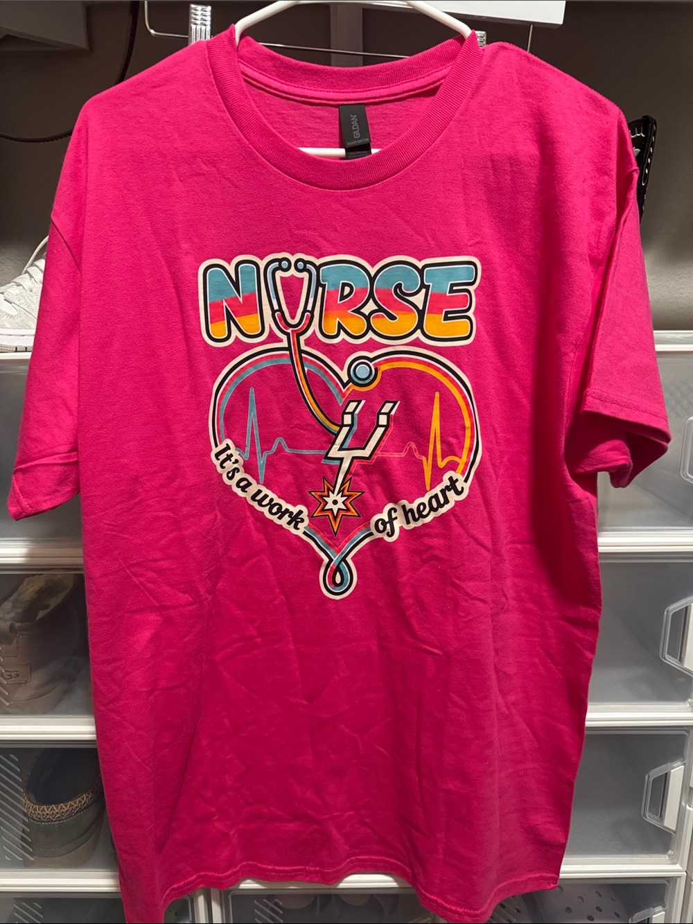 Spurs Nurse Graphic Tee - Bright Pink Heart Stethoscope it’s a work of heart.